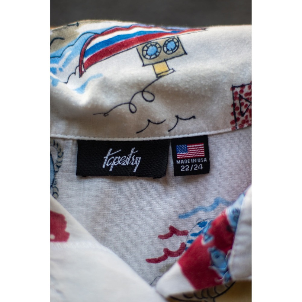 Vtg 90s Tapestry Camp Shirt 22/24 2X Novelty Postcard Coastal Grandmacore Cream - Picture 2 of 6